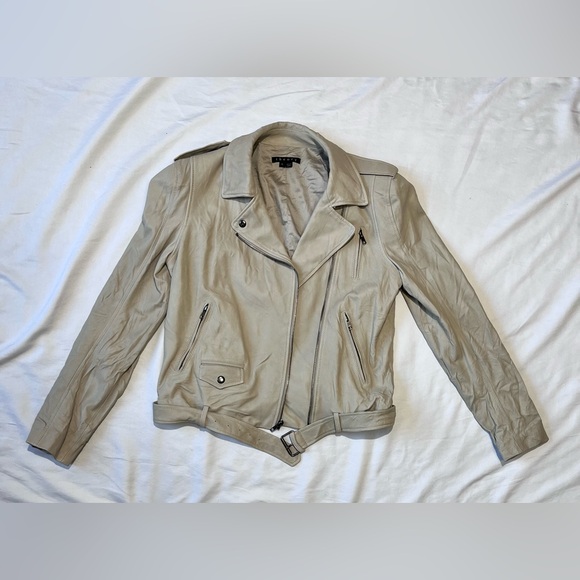 Theory Lamb Leather Moto Jacket light beige/taupe color size Large women’s - Picture 15 of 15